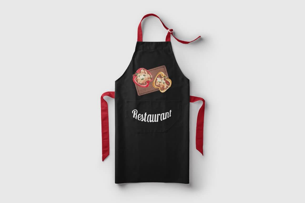 A black apron with red strings that says restaurant and a Mexican dish.
