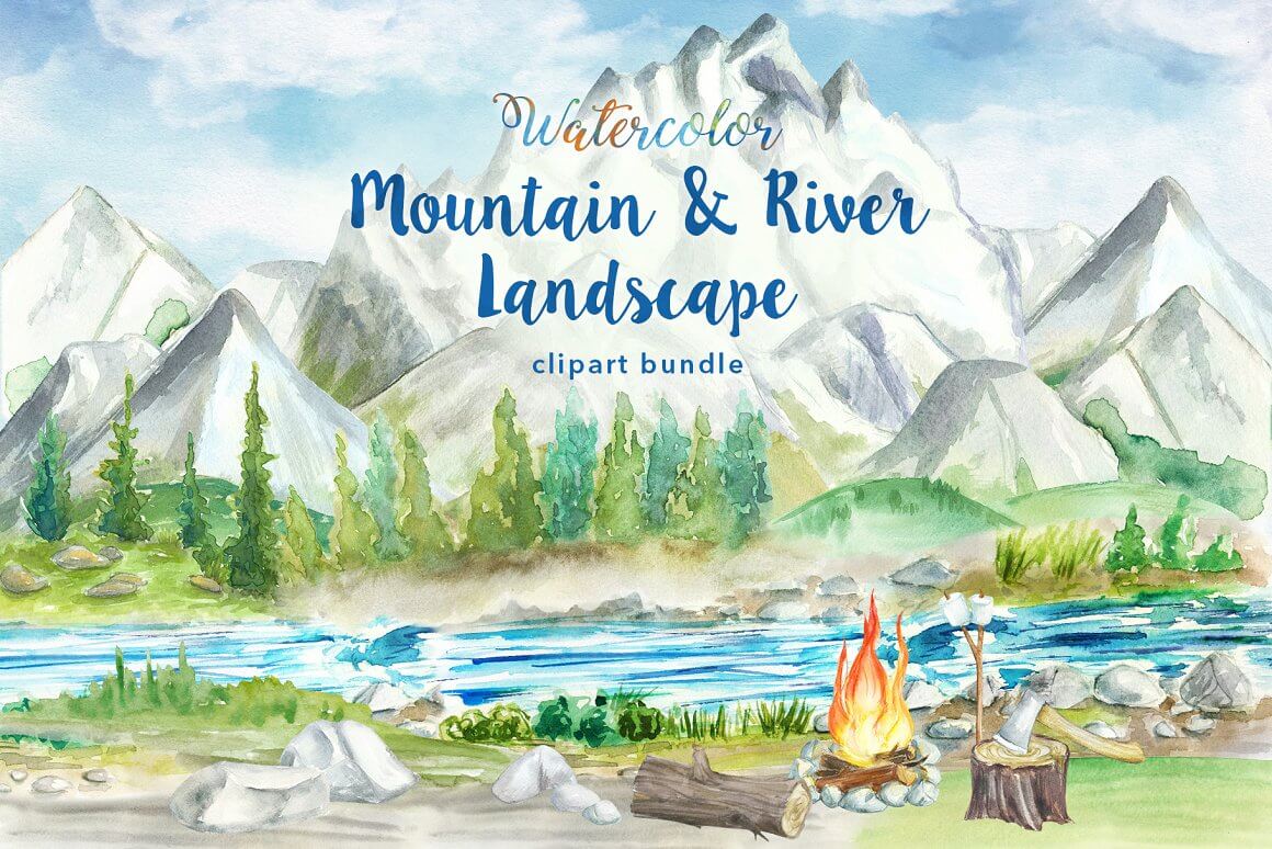 Mountain and river landscape watercolor clipart bundle.