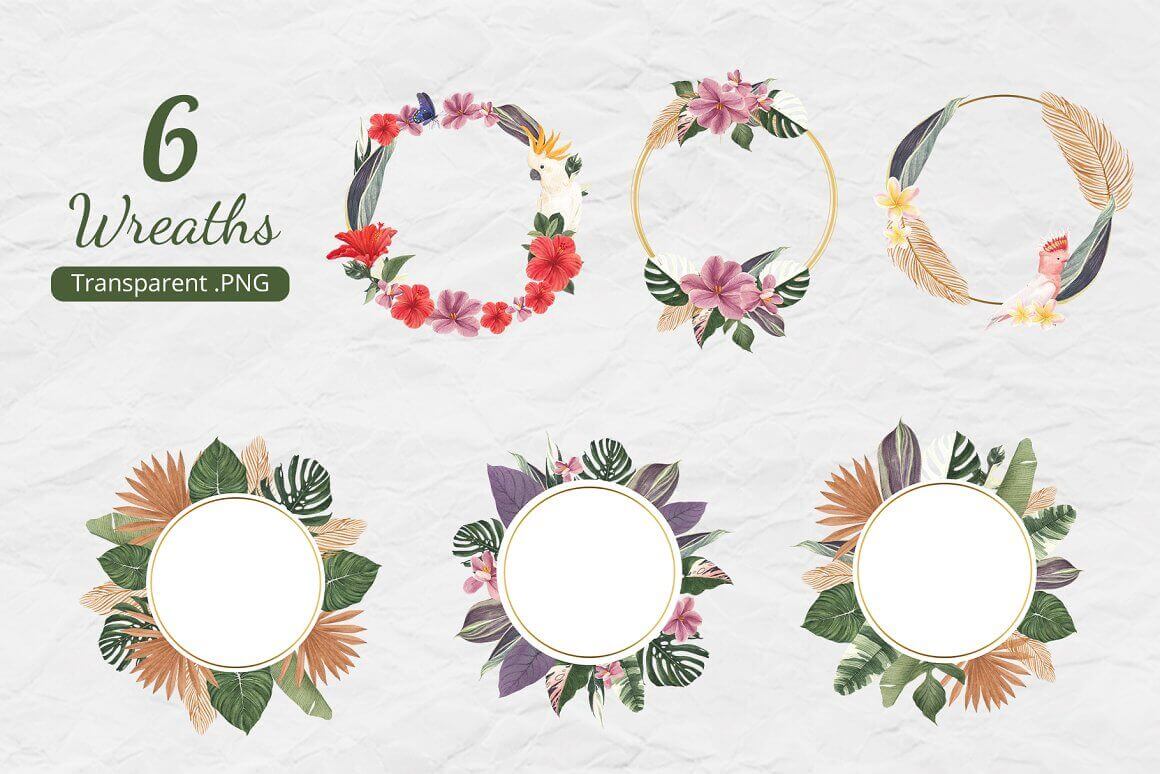6 wreaths of tropical leaves and tropical flowers.