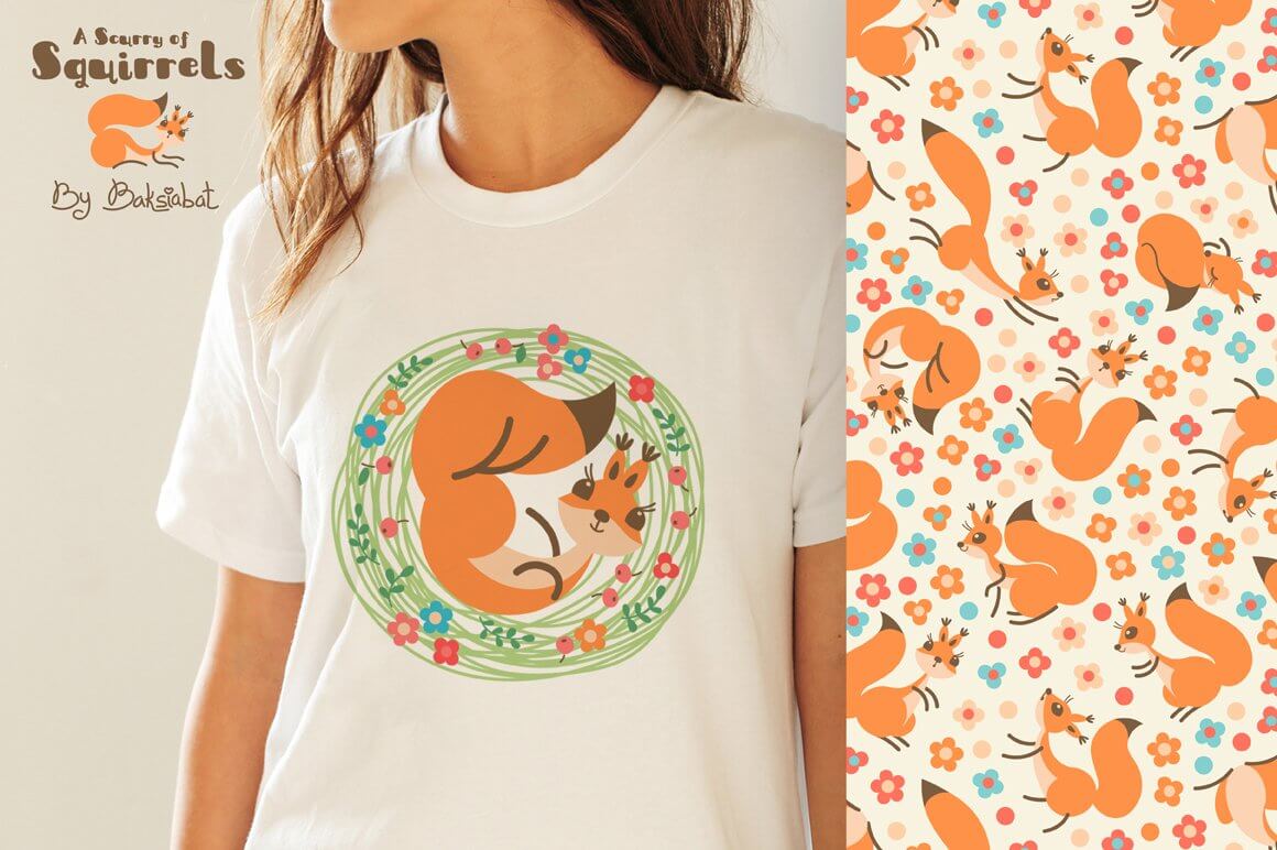 Squirrel print on a white T-shirt.