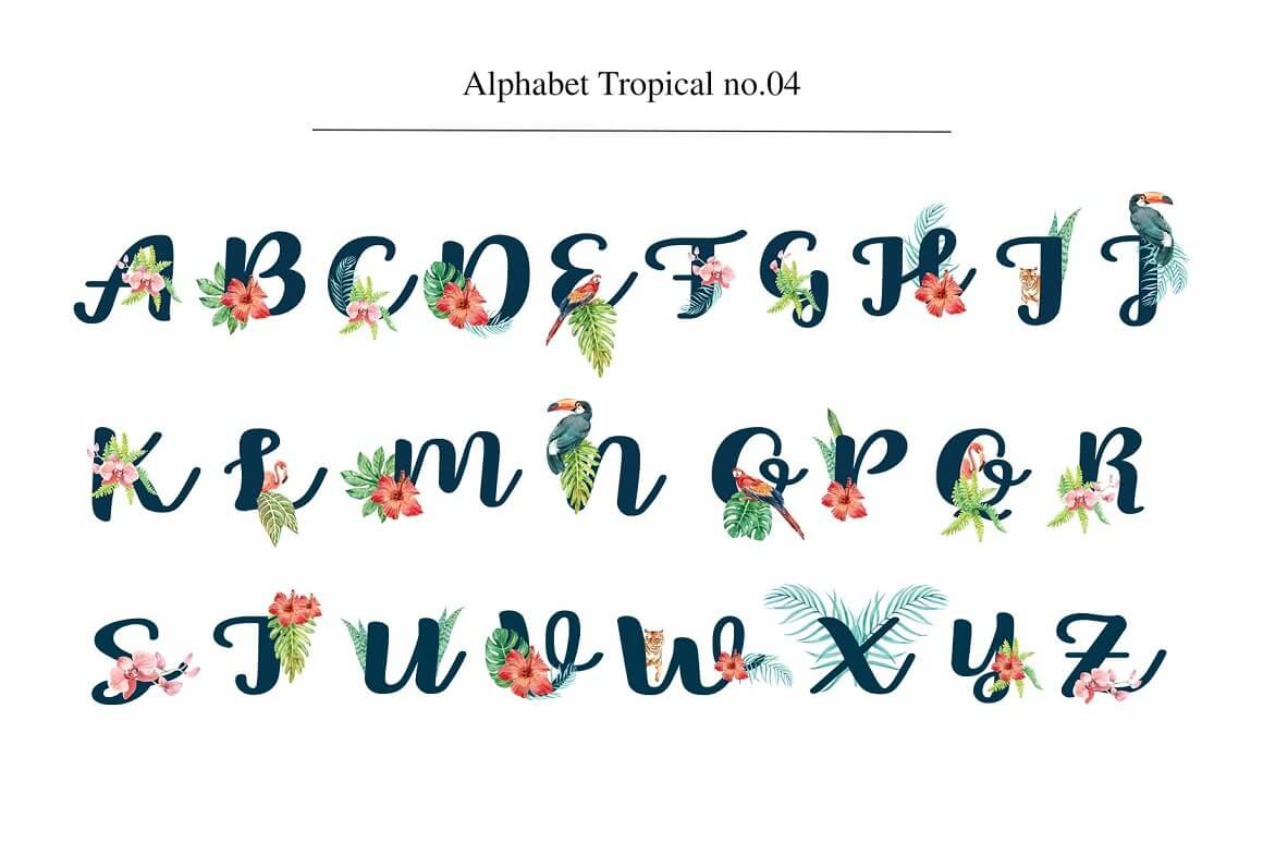 Black letters written in italics decorated with tropical leaves and birds.