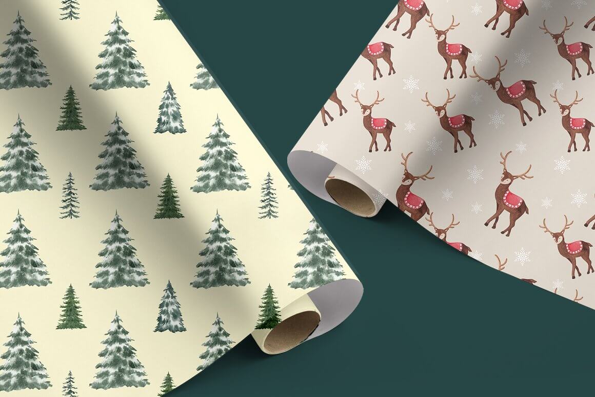 Wrapping paper with drawings of spruce and deer.
