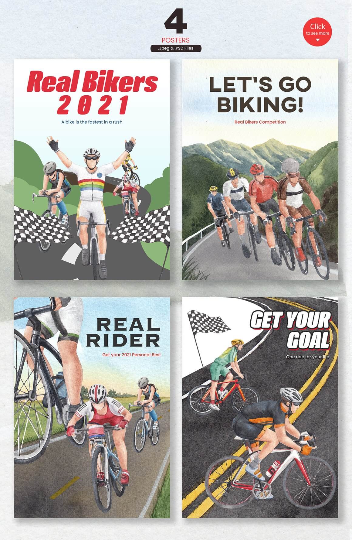 4 posters with images of cyclists and inscriptions about bikers.