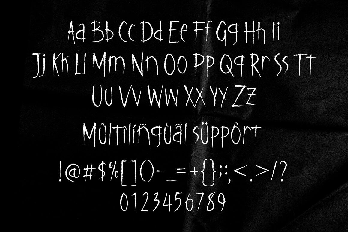 Alphabet, special characters, numbers in Bleakfall font.