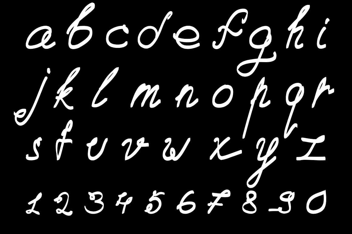Alphabet on black background in calligraphic vector font.