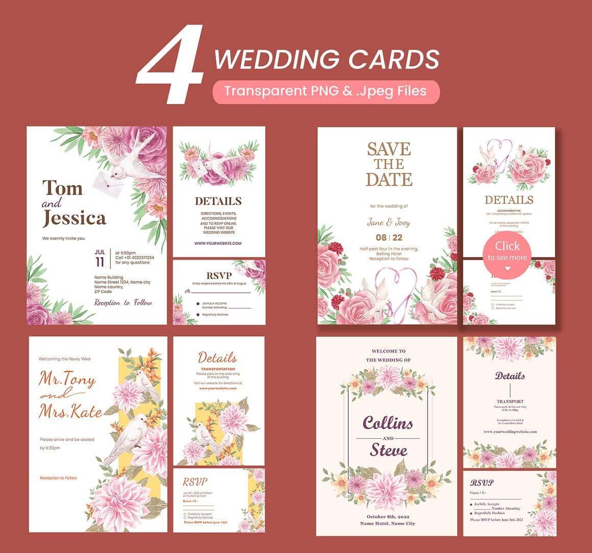 4 Wedding Cards with Different Types of Design.