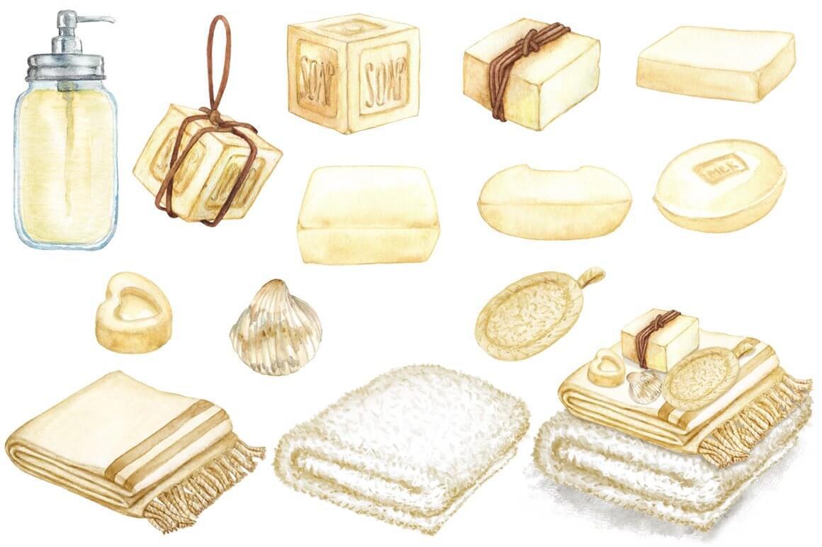 Clipart Homemade soap of different shapes and sizes.