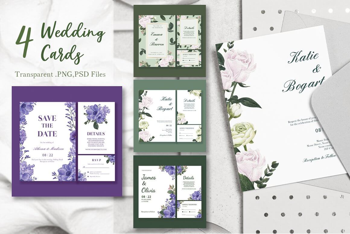 4 Wedding Cards Transparent .PNG,PSD Files.