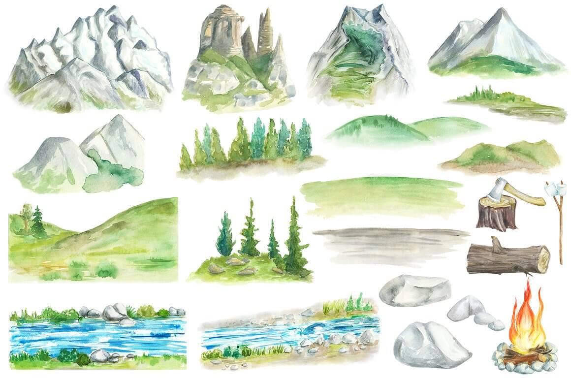 Picture from blocks with mountain and river landscapes watercolor clipart.