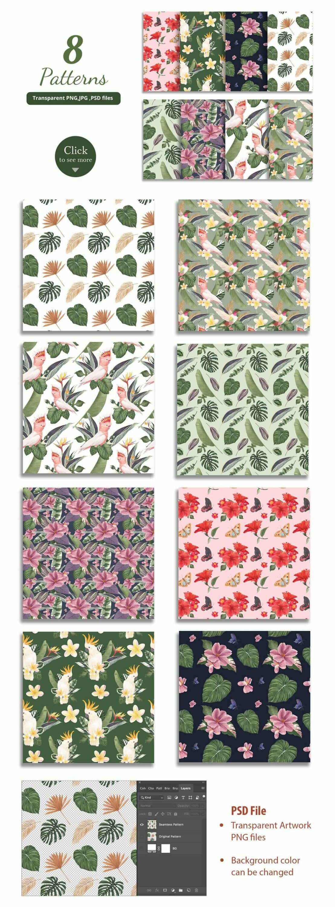 8 patterns with tropical design: leaves, flowers and wild birds.