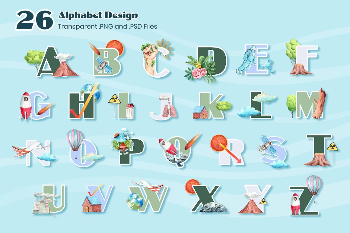 Alphabet on the subject presented in the product.