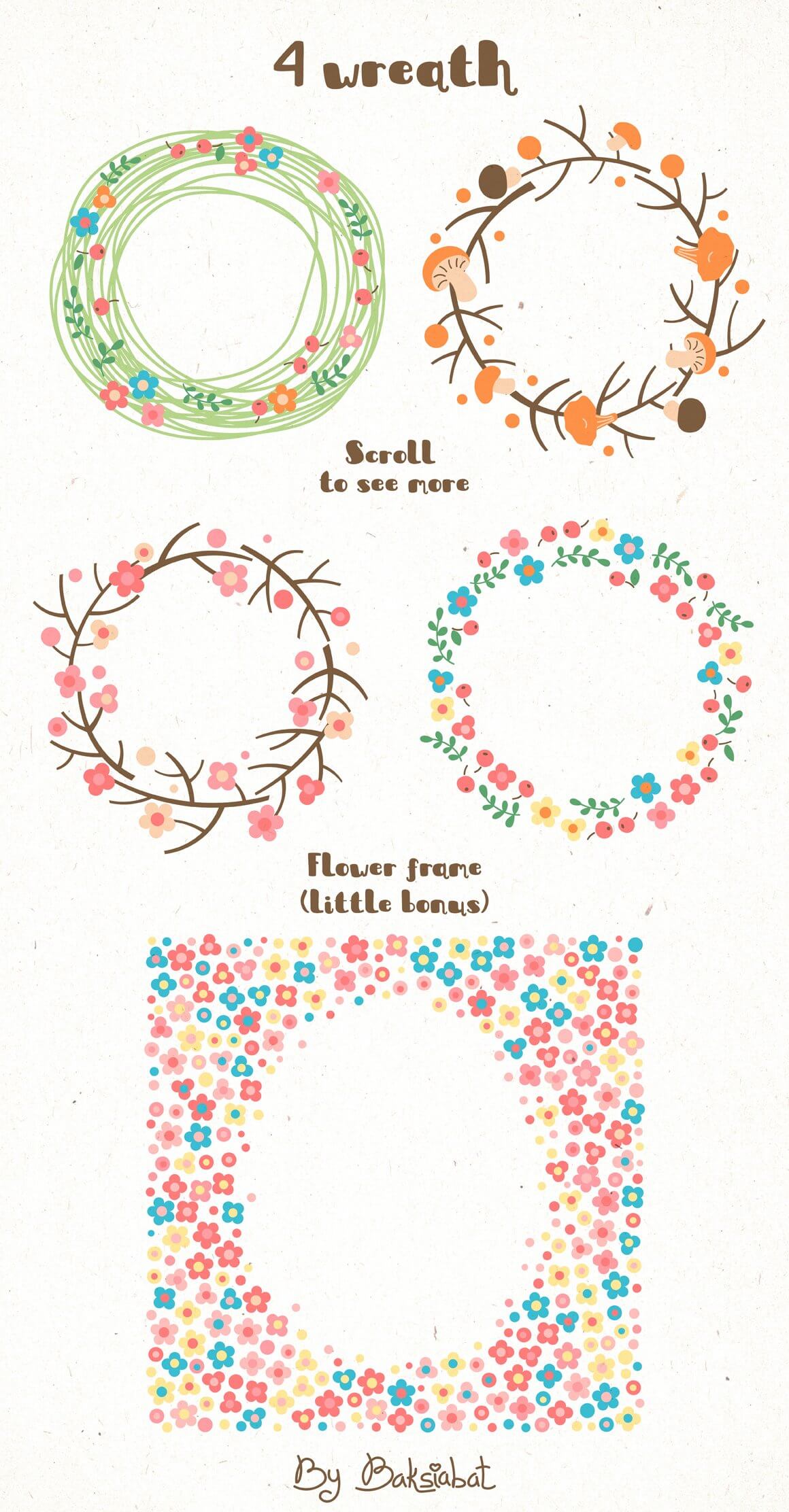 Wreaths of flowers, branches, mushrooms, leaves and a bonus flower frame.