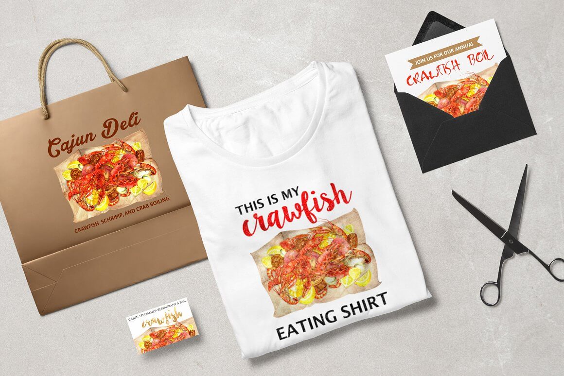 Items with crayfish cooking illustration: cardboard bag, t-shirt, postcard, scissors, business card.