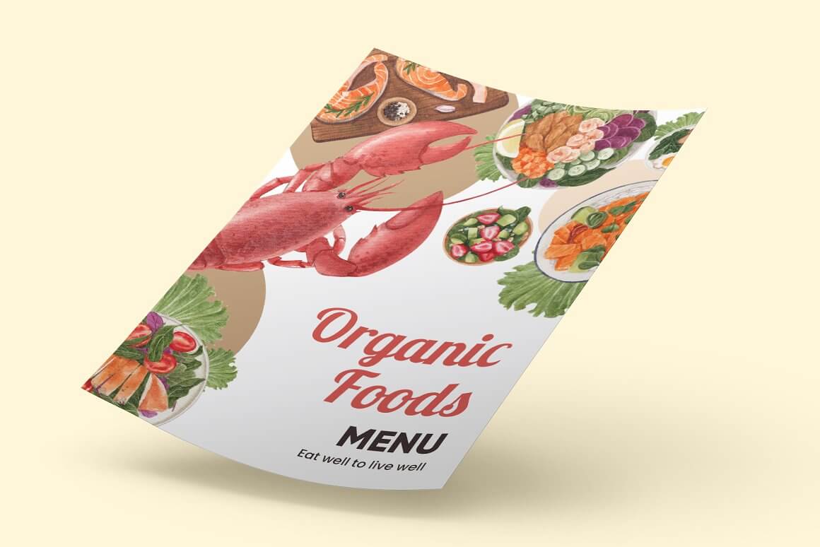 Inscription: Organic Foods Menu. Eat Well to Live Well.