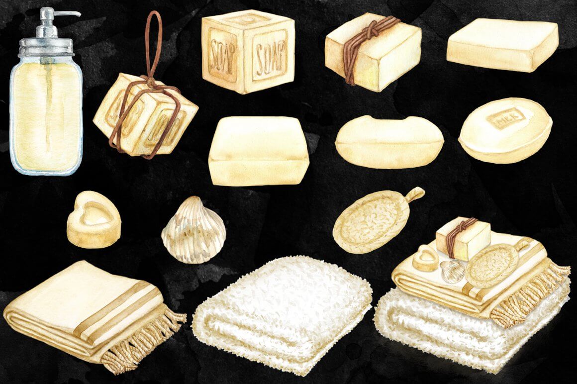 Clipart Homemade soap of different shapes and sizes on a black background.