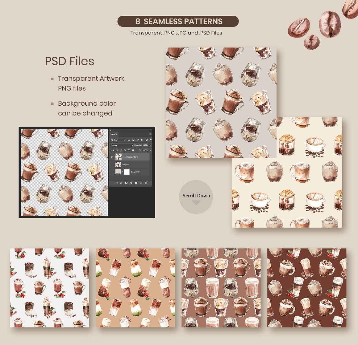 8 Seamless Patterns with various types of coffee.