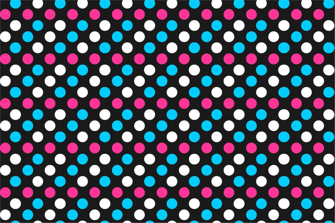 White, pink and blue circles on a black background.