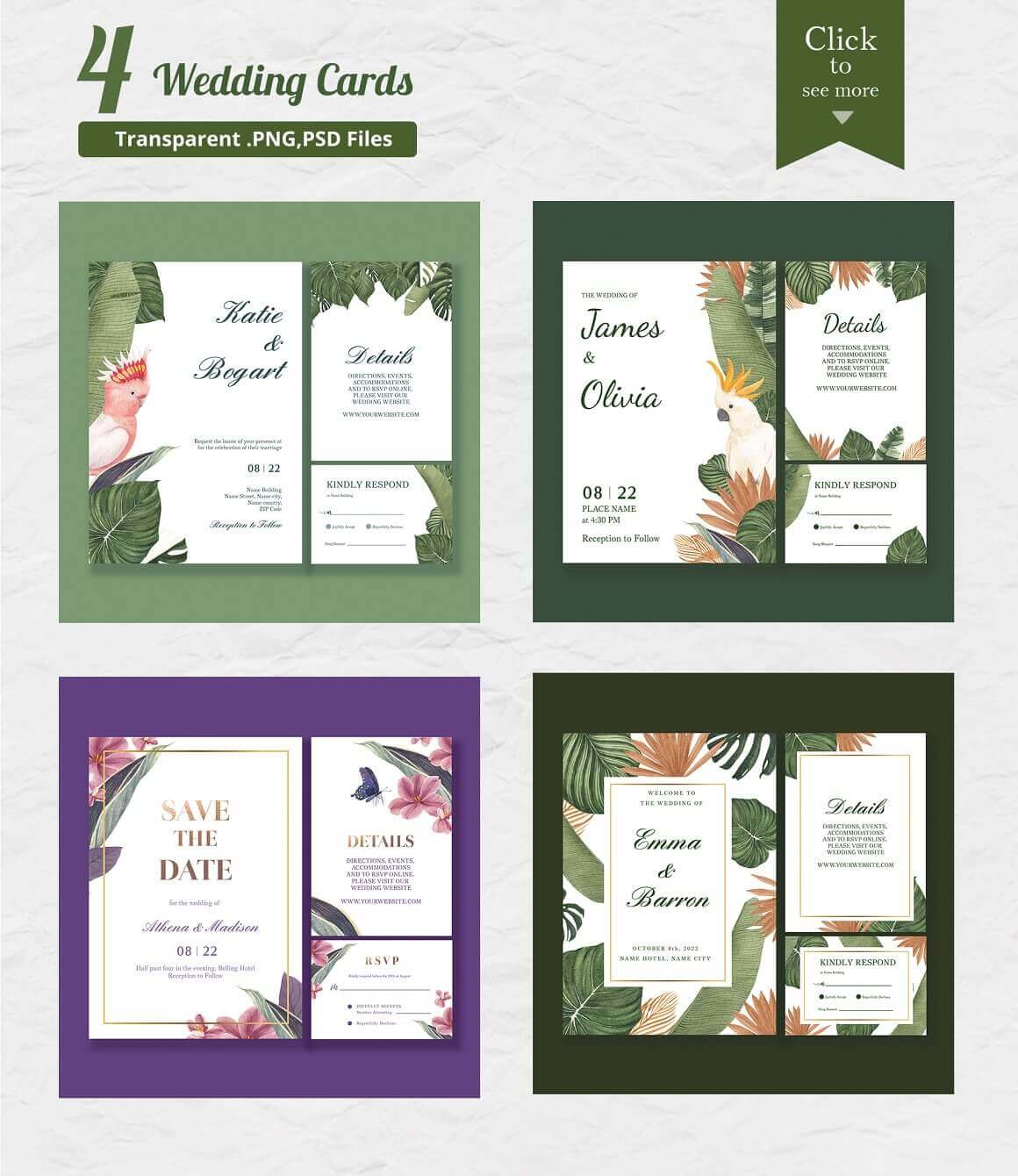 4 wedding cards in purple and green colors.