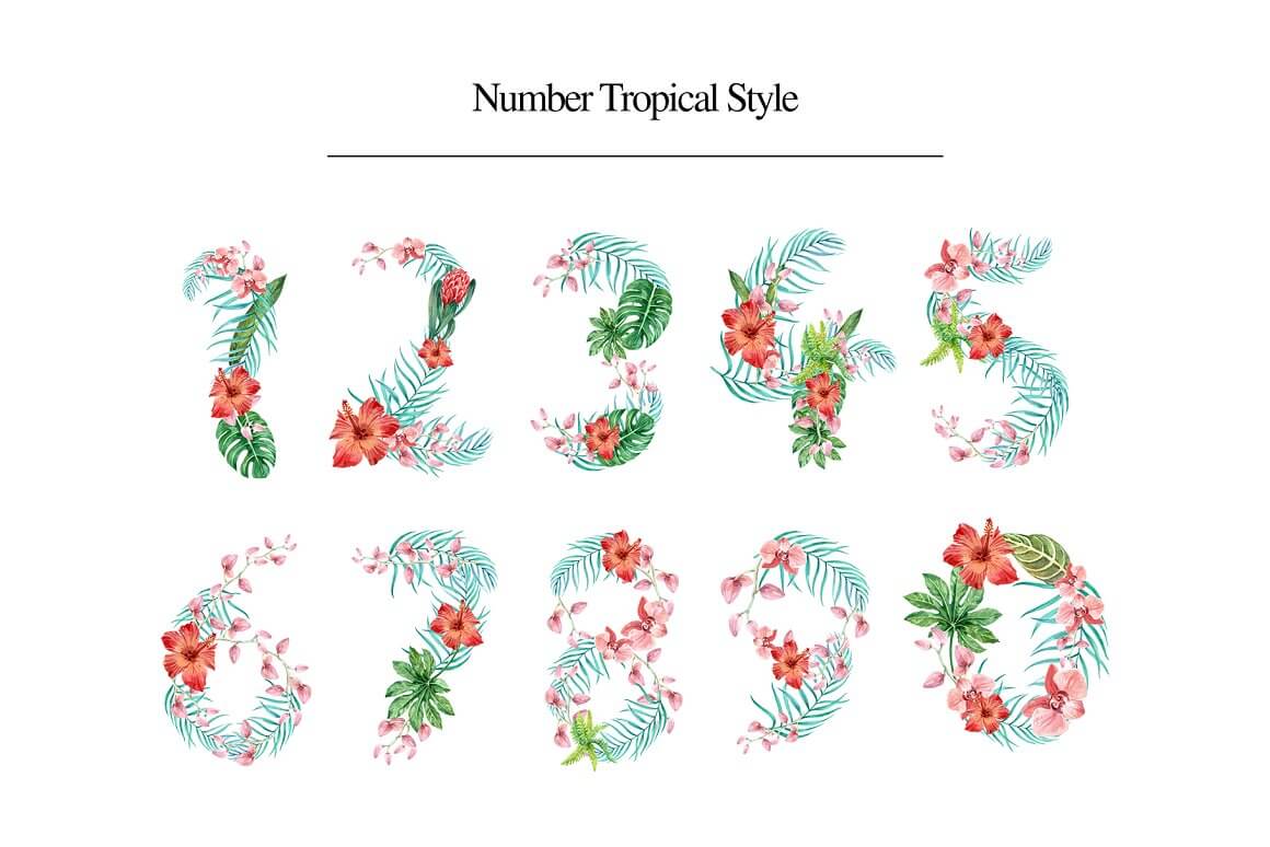 Numbers written with tropical leaves and flowers.