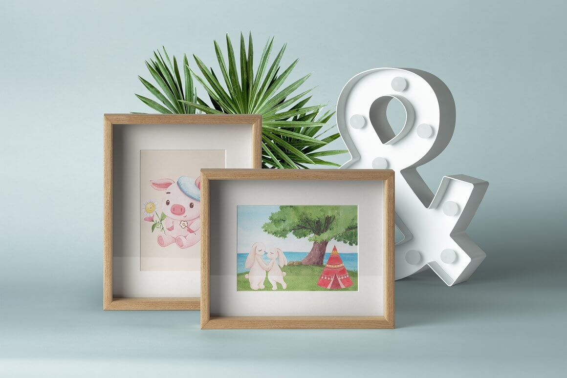 2 frames with children's drawings on a light blue background.