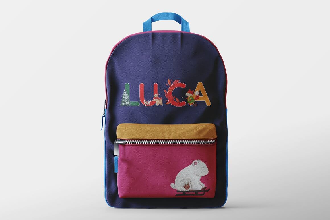 Backpack with a teddy bear and the inscription: Luca.