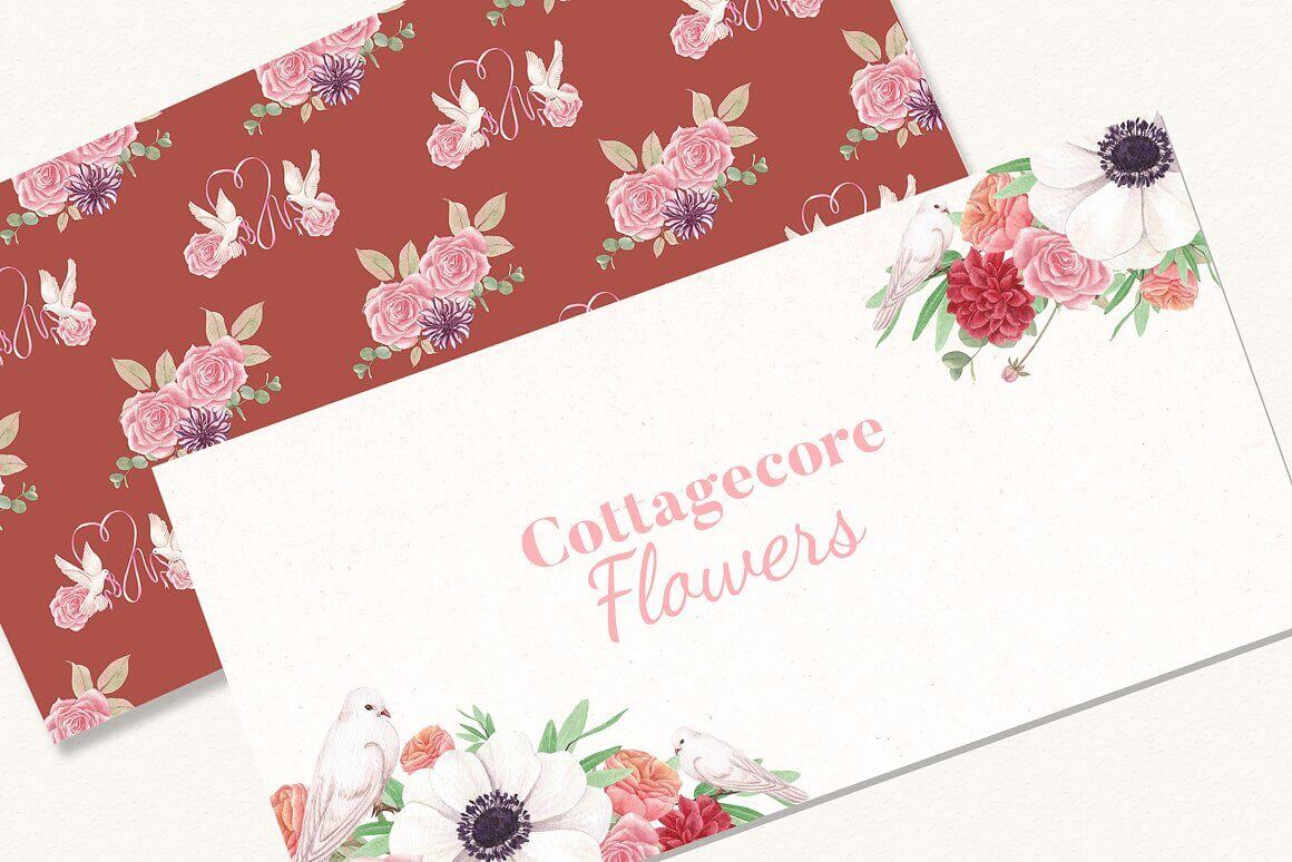 Dark red flowered envelope with a white card inside with a colorful design and an inscription Cottagecore Flowers.