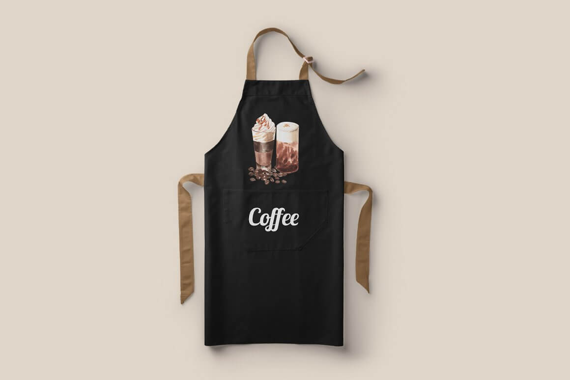 Black apron with coffee cups and coffee beans.