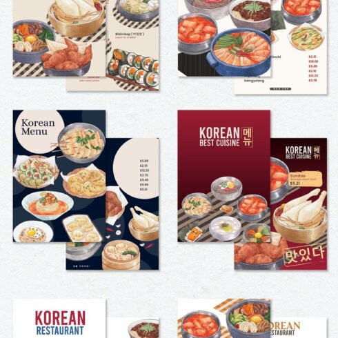 6 different menus for a Korean restaurant on a light background.