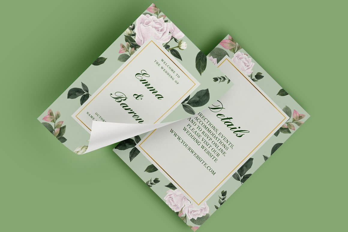 Greeting card with invitation to the wedding of light green color on a green background.