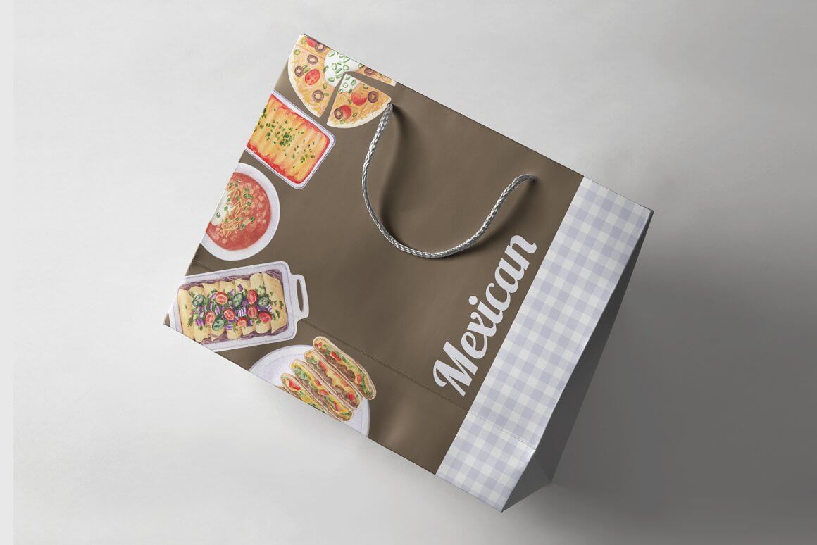 Cardboard bag with soft beige handles depicting Mexican food.