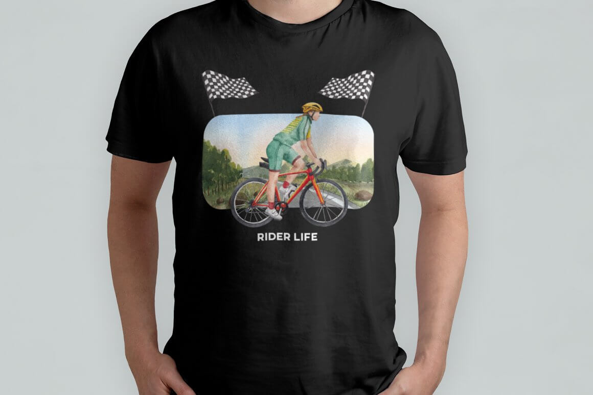 T-shirt with a picture of a biker on a bicycle and the inscription "Rider life".