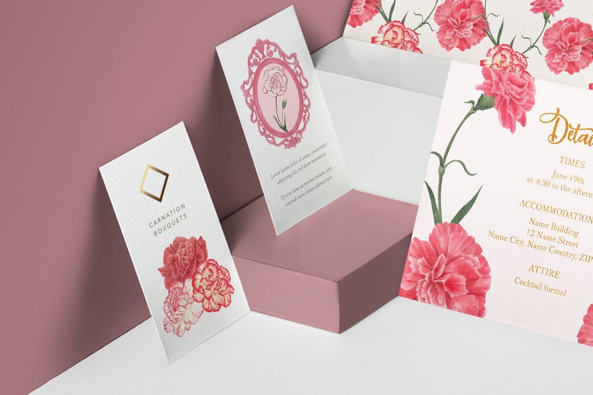 Invitation cards decorated with a painted carnation flower.
