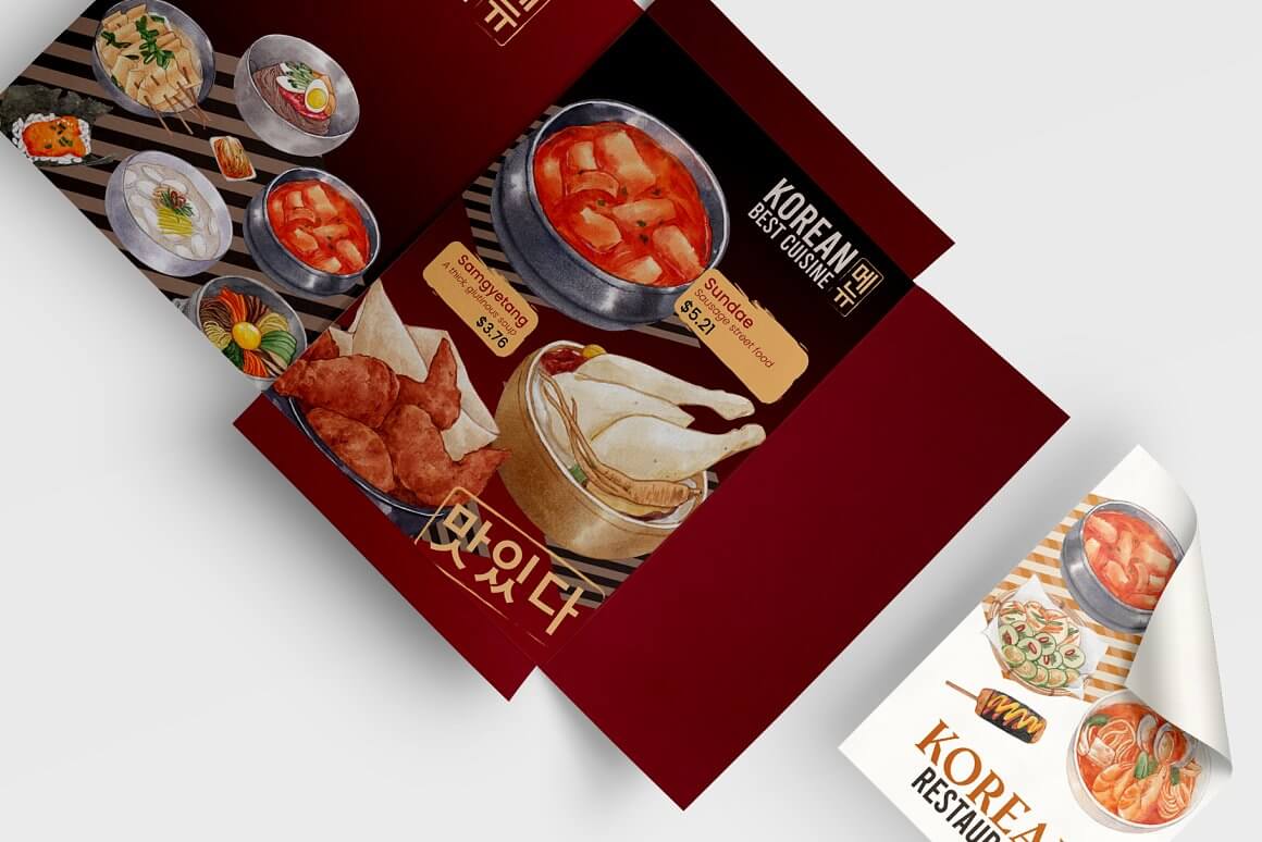 Examples of different menus for a Korean restaurant in burgundy and white.