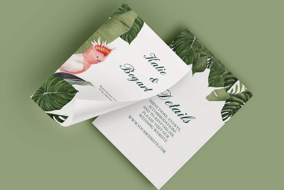 Postcards with a tropical design on a green background.