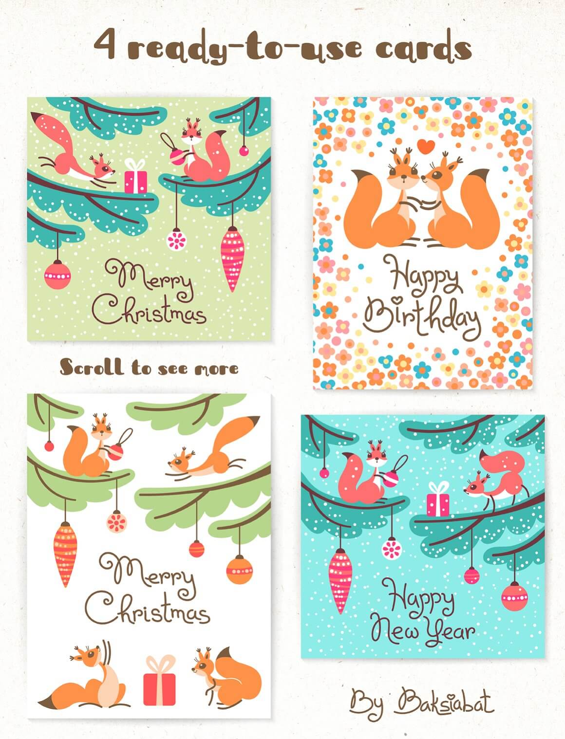 Postcards with Christmas design, painted squirrels, toys, flowers and Christmas tree branches.