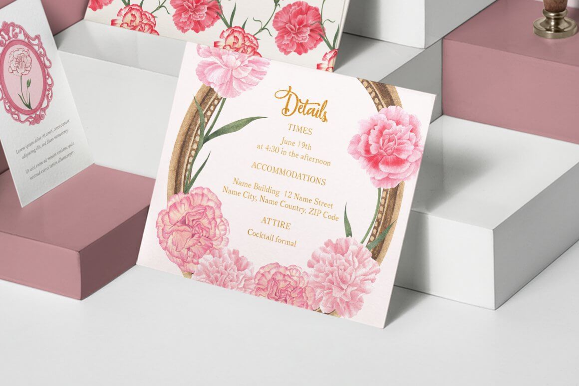 Decorated with carnations invitation card with details of the event.