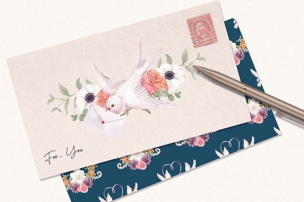 Envelope with a pattern of flowers and a white bird that carries an envelope in its beak.