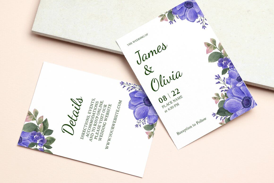 Wedding invitation on a white background with purple flowers.