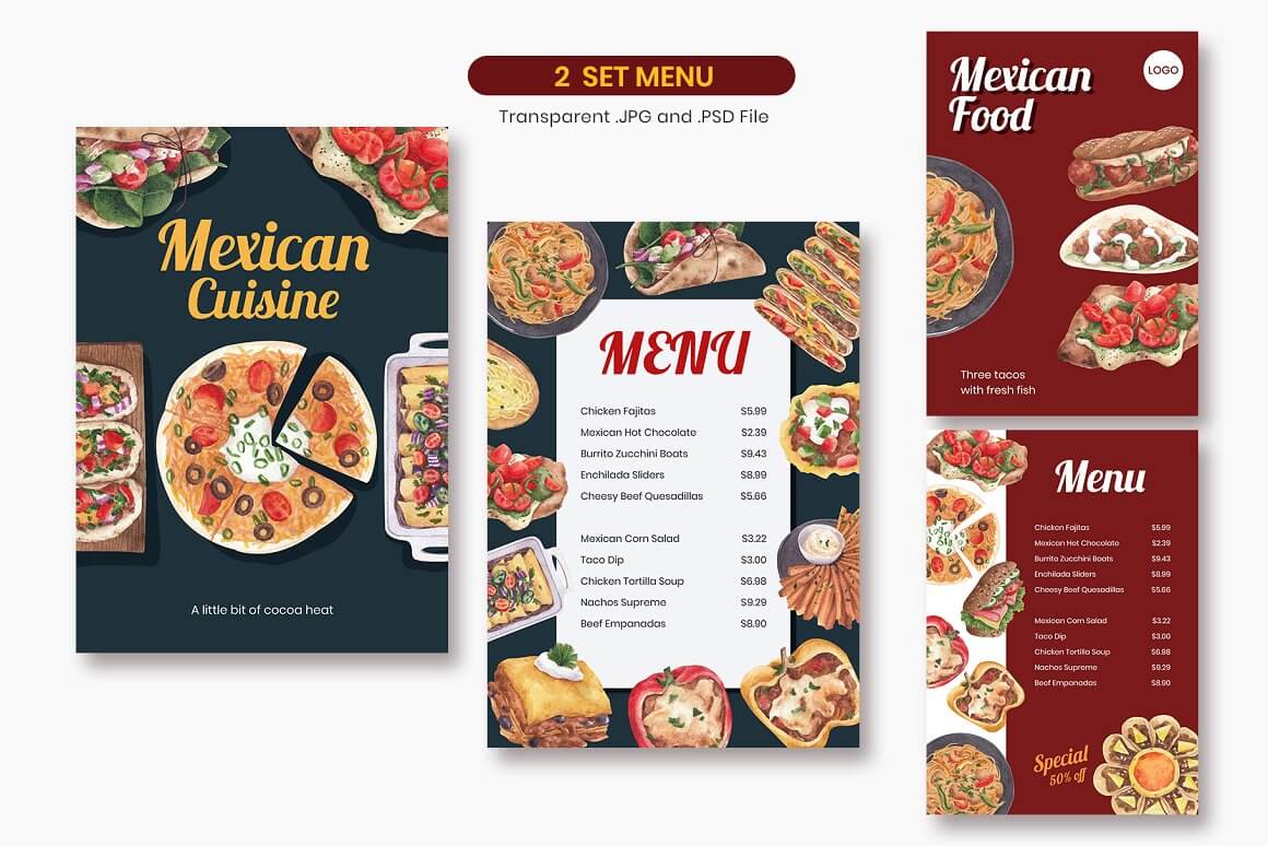 Two types of menu Mexican cuisine.