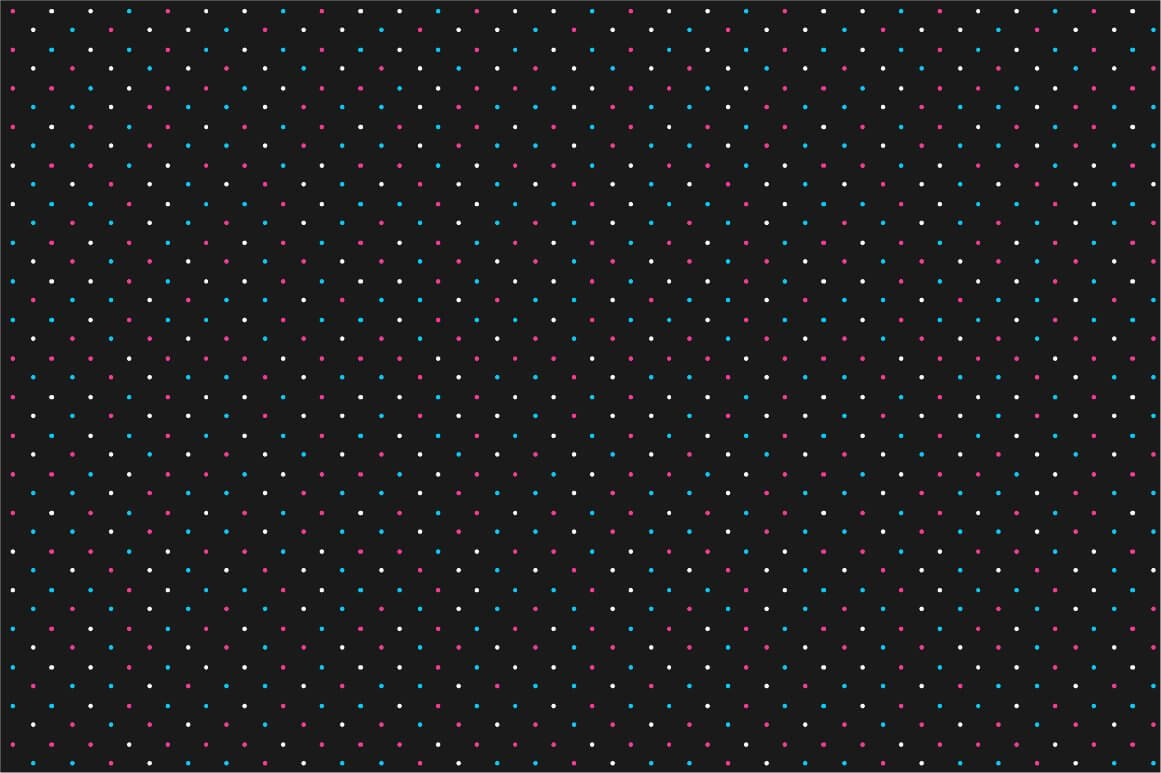 Colored dots of white, pink, blue color on a black background