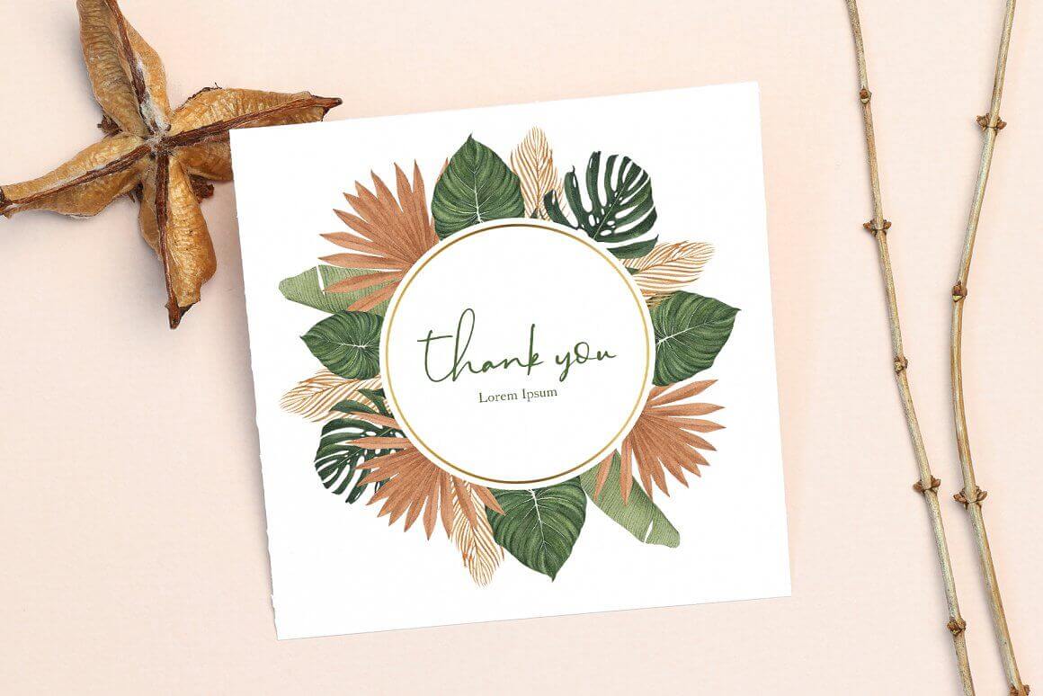 White card with hand drawn tropical design and thank you lettering.