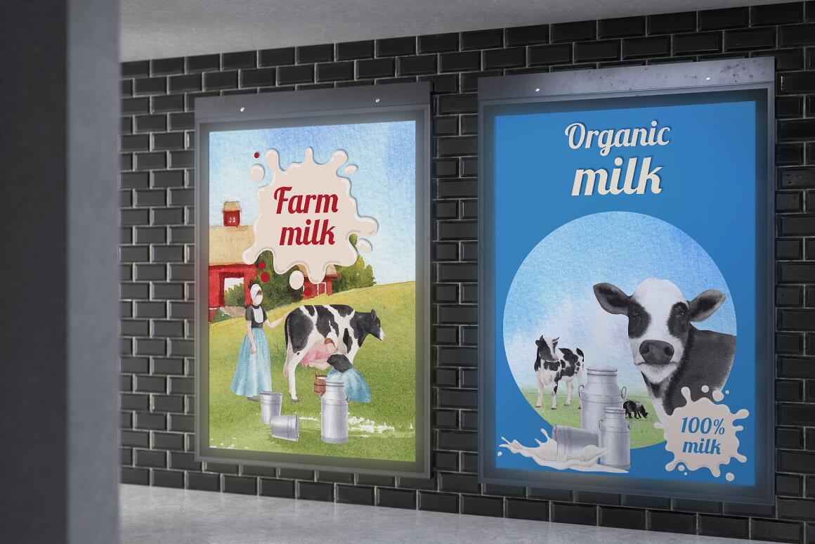 Advertising banners of milk on a brick wall.