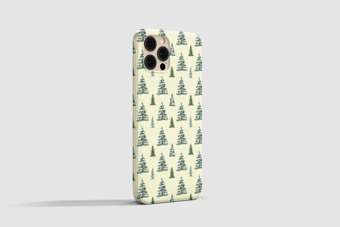 Beige iPhone case with Christmas trees.