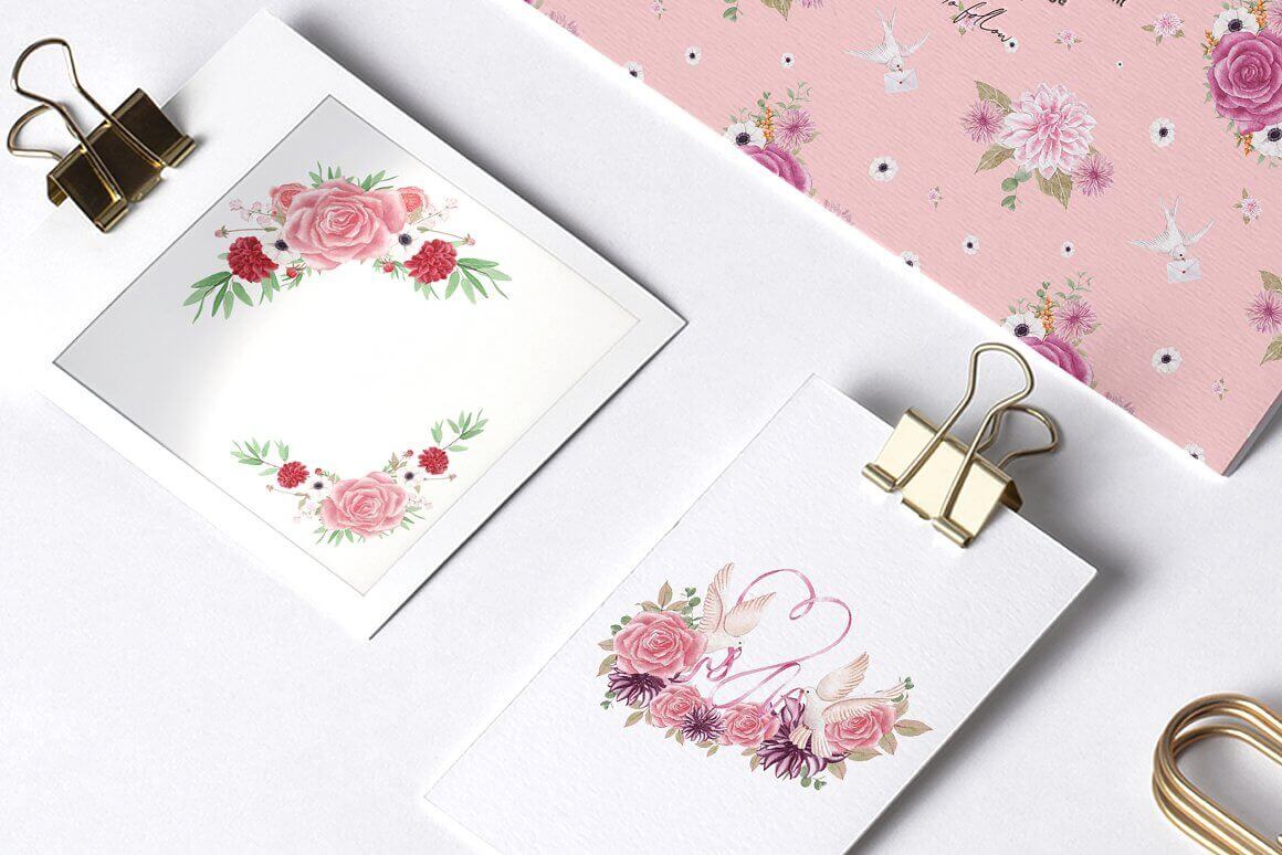 White postcards with painted flowers.