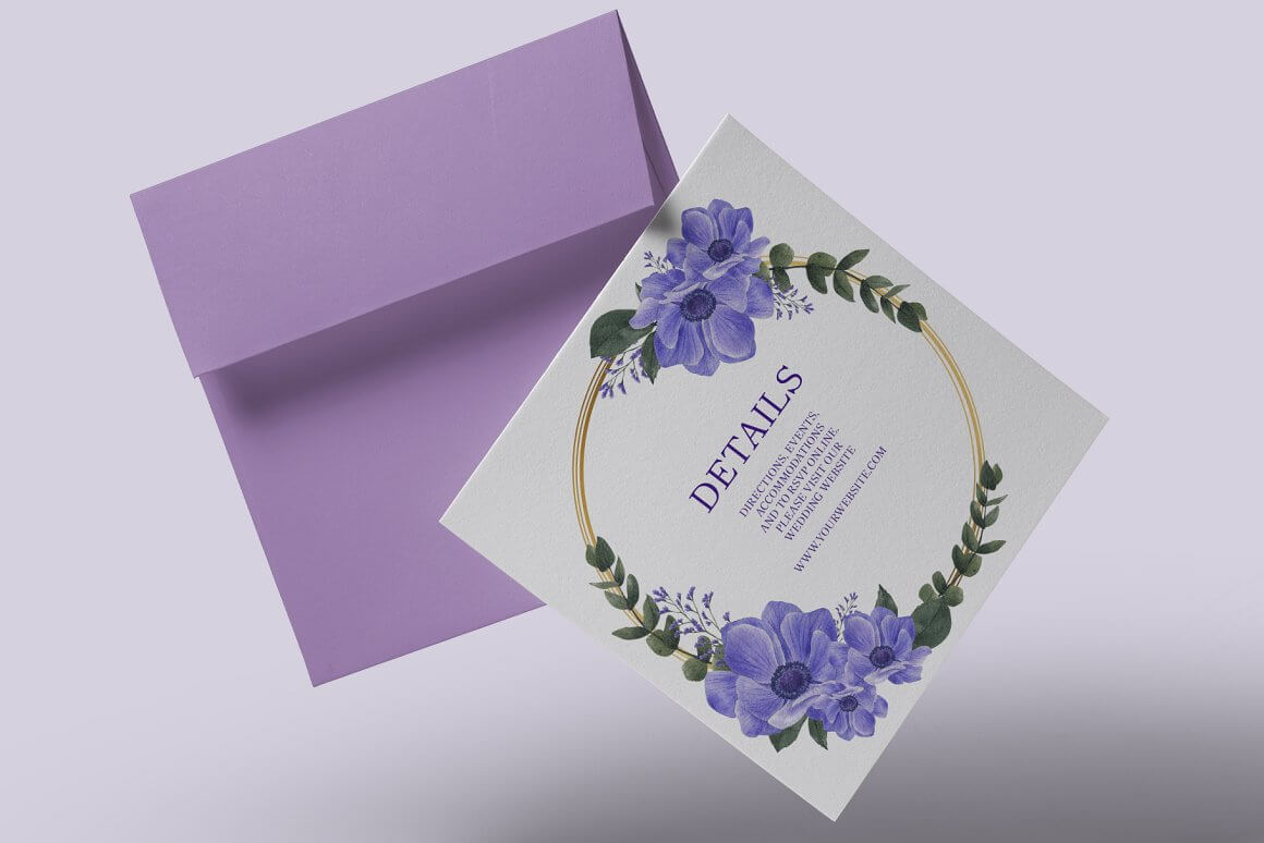 Wedding invitation on a white background in a purple envelope.