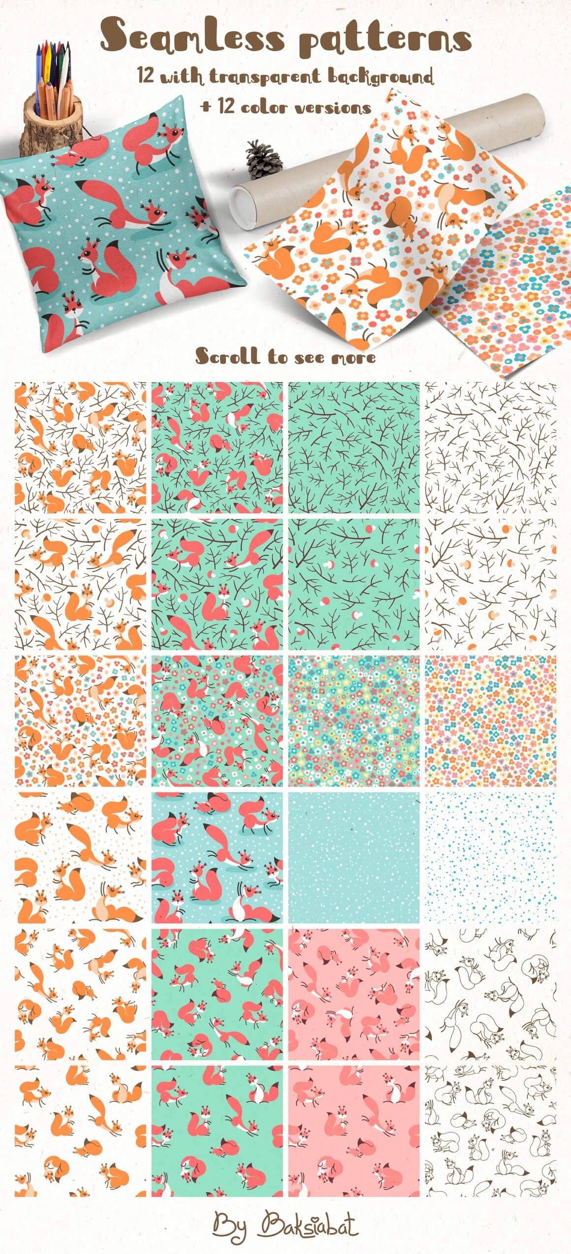 Seamless squirells patterns, 12 with transparent background plus 12 color versions.