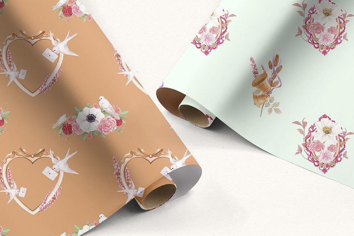 Gift paper with a festive design with flowers, birds and bells.