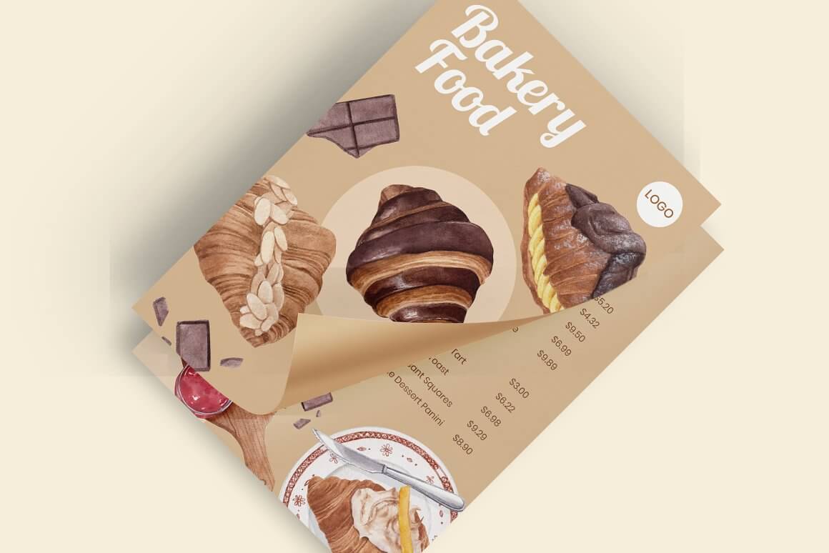 Bakery menu in beige color with product drawings.