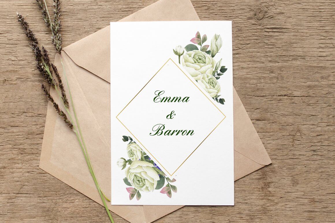 Wedding card with light green flowers.