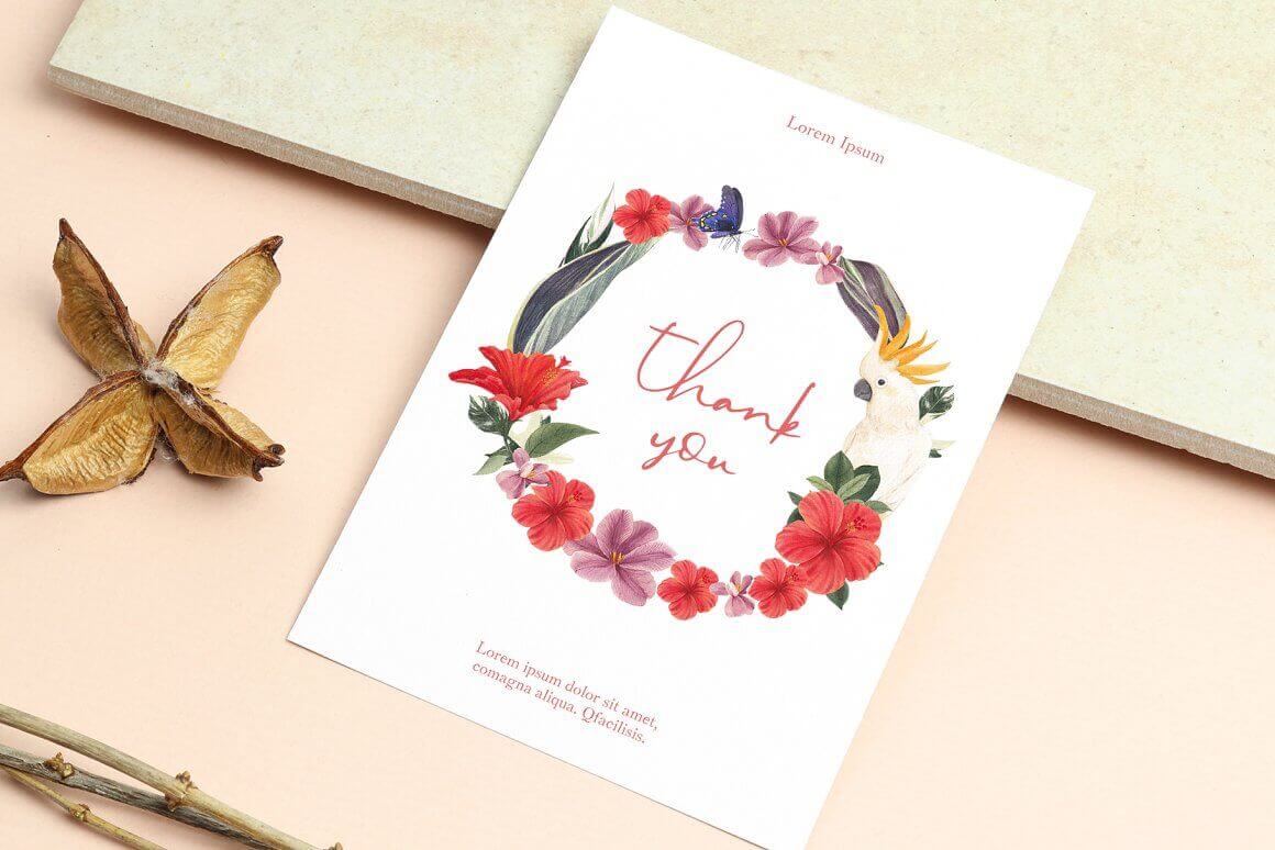 White card with the inscription thank you in a mug with flowers and a tropical parrot.